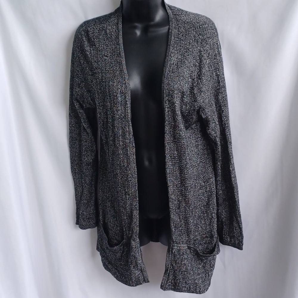 Pendleton Black & Silver Metallic Ribbed‎ Longline Cardigan Wool Blend Duster M